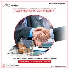 a flyer with two people shaking hands in front of a house and the words your property our priority