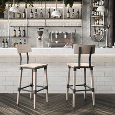 two chairs sitting in front of a bar