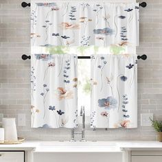 Emvency Blue Flowers Kitchen Window Curtains Valance and Tier Set 36 Inch, Watercolor Beige Floral 3 Piece Set Short Curtains for Window, Spring Window Treatment Tiers for Living Room Bedroom - Window Treatments Flowers Kitchen, Window Treatments Bedroom, Spring Window, Short Curtains, Curtain Valance, Garden Windows, Bedroom Windows, Kitchen Window