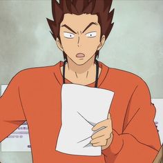 an anime character holding a piece of paper in his right hand and looking at the camera