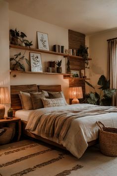 A spacious earthy bedroom designed for couples, featuring wooden furniture, soft linens, and potted greenery for a calming retreat. Granola Bedroom Ideas, Earthy Warm Bedroom Aesthetic, Cozy Earthy Bedroom Aesthetic Vintage, Cozy Earthy Bedroom Boho, Earth Bedroom Aesthetic, Accent Wall Ideas For Bedrooms, Bedroom Earthy Tones, Earthy Apartment Aesthetic, Natural Room Aesthetic