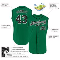 a green baseball jersey with information about the number, name and stitching on it