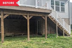 the back porch is covered with wood and has stairs leading up to it