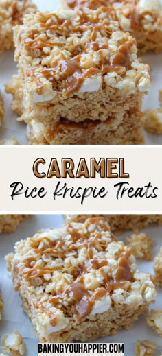 caramel rice krispy treats are stacked on top of each other with the words, caramel rice krispie treats