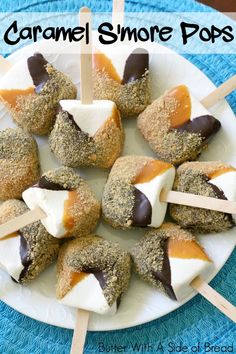 caramel s'more pops on a white plate