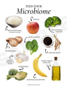 an image of food that includes broccoli, apples and other vegetables with the words'feed your microbiome '