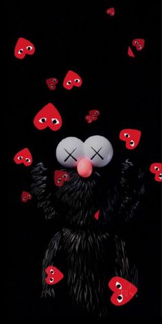 a black cat with red eyes surrounded by many red hearts on a black background,