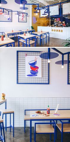 two pictures of the inside of a restaurant with blue and white tables, chairs, and artwork on the walls