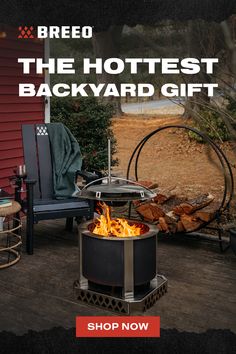 an outdoor fire pit with the words, the hottest backyard gift shop now on it