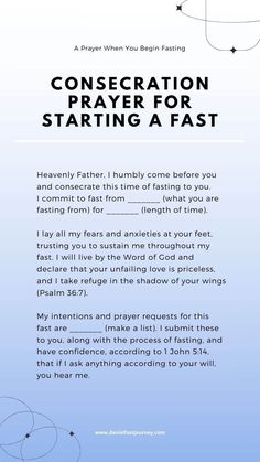 a prayer card with the words, conseration prayer for starting a fast