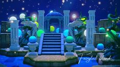 an animated scene with statues and stairs