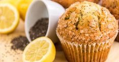 a muffin with sprinkled seeds and lemon slices