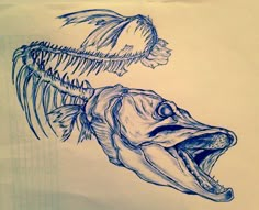 a drawing of a fish skeleton with its mouth open next to a dead fish's head