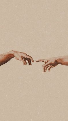 two hands reaching out towards each other in front of a beige background with colored lines