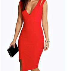 Red Size 6 Fitted Dress Spring Red V-neck Bodycon Dress, Chic Red V-neck Bodycon Dress, Red Bodycon Midi-length Mini Dress, Asymmetric Bodycon Dress, Red Ruched V-neck Mini Dress, Affordable Red V-neck Bodycon Dress, Boohoo Dresses, Fitted Dress, Cut Out