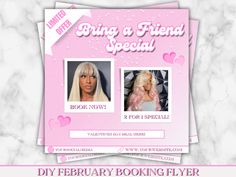 a flyer for a special event with two women in pink wigs and hearts on the side