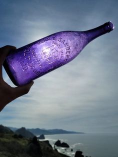 a purple bottle with writing on it is held up by someone's hand near the ocean