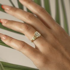 a woman's hand with a ring on it and palm leaves in the background