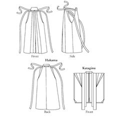 Hakama for men and women, all sizes based on waist measurement. Kataginu in one size. During the Edo period in Japan (1615-1868), members of the samurai or warrior class wore the Kamishimo, a traditional costume made up of the Kataginu or pleated-front vest and Hakama or pleated pants/skirt. The two garments were typically worn over a knee-length kimono for formal occasions. Today, the garments are frequently worn for official occasions, martial arts, and historic reenactment. Since the Hakama i Samurai Pants Pattern, Japanese Hakama, Hakama Pants, Japanese Sewing Patterns, Costume Sewing Patterns, Japanese Sewing, Kimono Pattern, Paneled Skirt, Kleidung Diy