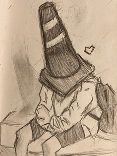 a drawing of a person sitting down with a hat on top of their head,