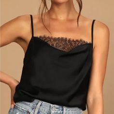 You Won't Need To Wait 'Til 4:00 To Have A Good Time, The Lulus Always Happy Hour Black Lace Cowl Neck Cami Top Is Cute At Any Time Of Day Or Night! This Lightweight Woven Cami Top Has Adjustable Spaghetti Straps, A Slightly Cropped Bodice, And A Flirty Cowl Neckline That's Weighed Down With A Hidden Button To Drape Like A Dream. Peekaboo Of Black Lace At The Front For A Sexy Finish. Fit Bust: Great For Any Cup Size. Waist: Loosely Fitted. Undergarments: May Be Worn With A Strapless Bra, Adhesiv Sequin Cami Top, Cowl Neck Cami, Ivory Sweater, Lace Cami Top, Always Happy, Black Camisole, Lace Camisole, Black Camis, Time Of Day