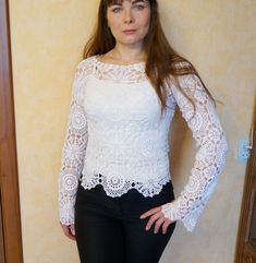 "Also you can find other Crochet blouses here: https://www.etsy.com/shop/NataliStudioUA?ref=seller-platform-mcnav&section_id=22291529 Hand made. Crochet white summer blouse. Crocheted blouse crocheted from beautiful and very delicate motifs. Motifs are connected to each other in the process of knitting according to the scheme. This interesting and openwork blouse model will be a great addition or even a highlight in the wardrobe. Blouse length - 56 cm/22\" size: M (height of model 165 - 170 Casual Stretch Blouse With Lace Patchwork, Fall Crochet Lace Stretch Tops, Casual Long Sleeve Crochet Lace Blouse, Fitted Bohemian Crochet Crew Neck Top, Fitted Crochet Tops For Fall, Elegant Spring Crochet Tops, White Crochet Lace Blouse For Fall, Fitted Crochet Lace Top With Crew Neck, Stretch Long Sleeve Lace Top For Summer