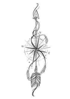 a black and white drawing of a compass with an arrow on the center, surrounded by feathers