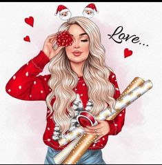 a woman with long blonde hair is holding two christmas presents and the words love are above her head