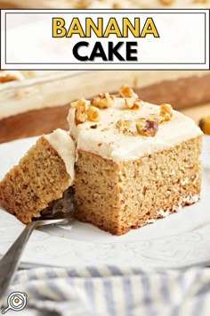 a close up of a piece of banana cake on a plate with a knife and fork