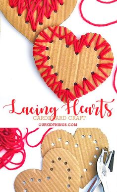 two heart shaped paper hearts with red thread on them and the words, laceing hearts card