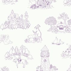 a wallpaper with animals and trees in purple on a white background that is very similar to children's drawings