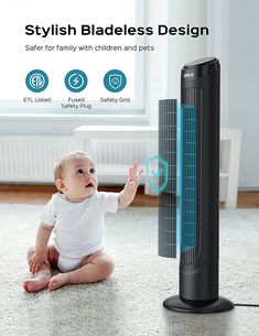 a baby sitting on the floor next to a blue and black air purificater