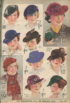 1930s hats - Chicago Mail Order Co. 1940s Hats, 1930 Fashion, Mad Hatter Hats, Lindy Hop, 30s Fashion, Kentucky Derby Hats, 1930s Fashion, Women's Hats