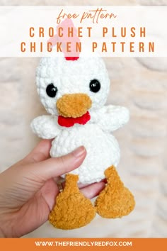 a crochet chicken pattern is shown with text overlay that reads, free pattern crochet plush chicken pattern