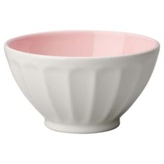 a white bowl with pink rim on a white background