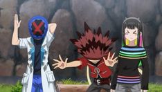 three anime characters standing next to each other with their hands up in front of them