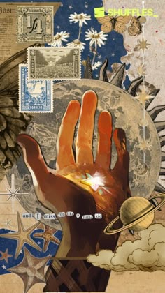 a collage of various images including an image of a hand and other things in the background