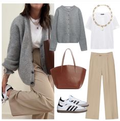 Looks Adidas, Look Boho Chic, Mode Tips, Beige Outfit, Beige Pants, Gray Cardigan, Mode Casual, Stylish Work Outfits, Casual Work Outfits