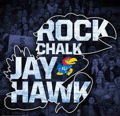 the rock chalk jay hawk logo is shown in front of a large group of people