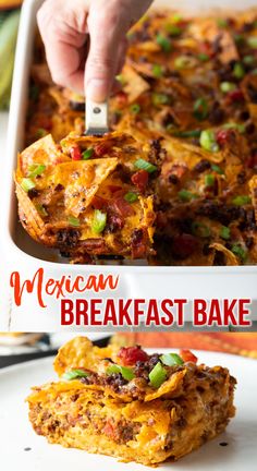 mexican breakfast bake in a baking dish with a spatula scooping out the top