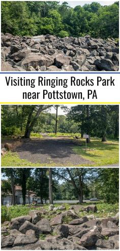 some rocks and trees in the park with text overlay reading visiting rocking rocks park near pottstown, pa