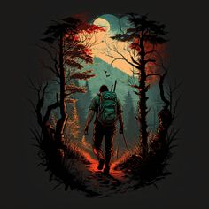 a man with a backpack is walking through the woods on a dark background, surrounded by trees