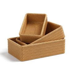 three wicker baskets sitting on top of each other