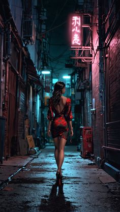 a woman in a red dress walking down an alley way with neon signs above her