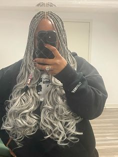 White French Curls Braids, Grey French Curl Braids, Silver French Curl Braids, Silver Box Braids Black Women, Black And White French Curl Braids, Silver Braids For Black Women, Grey Braids For Black Women, Silver Hair Braids, Silver Braids