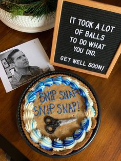 Vasectomy cookie cake referencing The Office Vasectomy Party Cake, Recovery Party Ideas, Snip Party, Snip Snip Hooray, Snip Snip Hooray Party, Vasectomy Cookie Cake, Snip Snip Hooray Cake