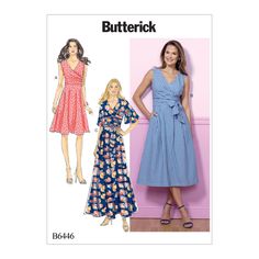 a woman in a dress and sandals standing next to a pink wall with the words butterick on it