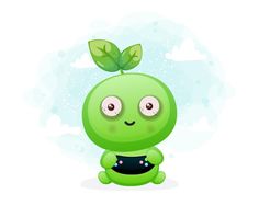 a green cartoon character sitting on the ground with a plant growing out of it's head