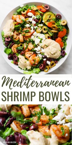 a bowl filled with shrimp, olives and feta cheese salad next to the words mediterranean shrimp bowls