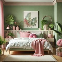 a bedroom with green walls and pink accents